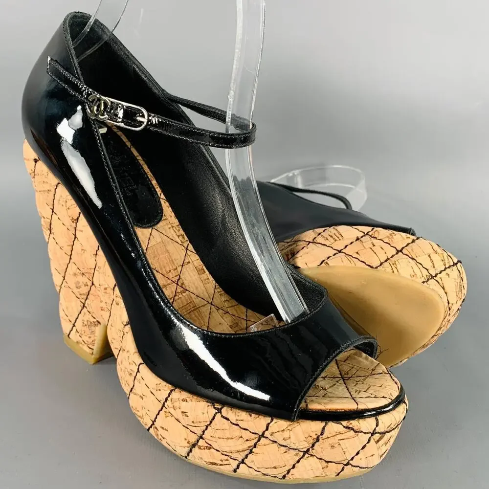 CHANEL 6.5 Black Natural Patent Leather Quilted Cork Peep Toe Platform Pumps